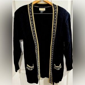 VTG Black Gold Velvet Cardigan Sweater Metallic Pearl Rhinestone Embellishments
